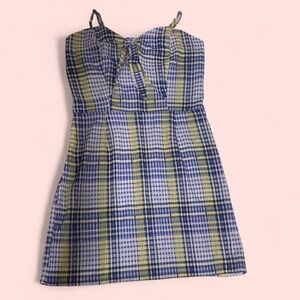 Sexy Blue and Yellow Plaid Spaghetti Strap Dress With Cleavage Cutout